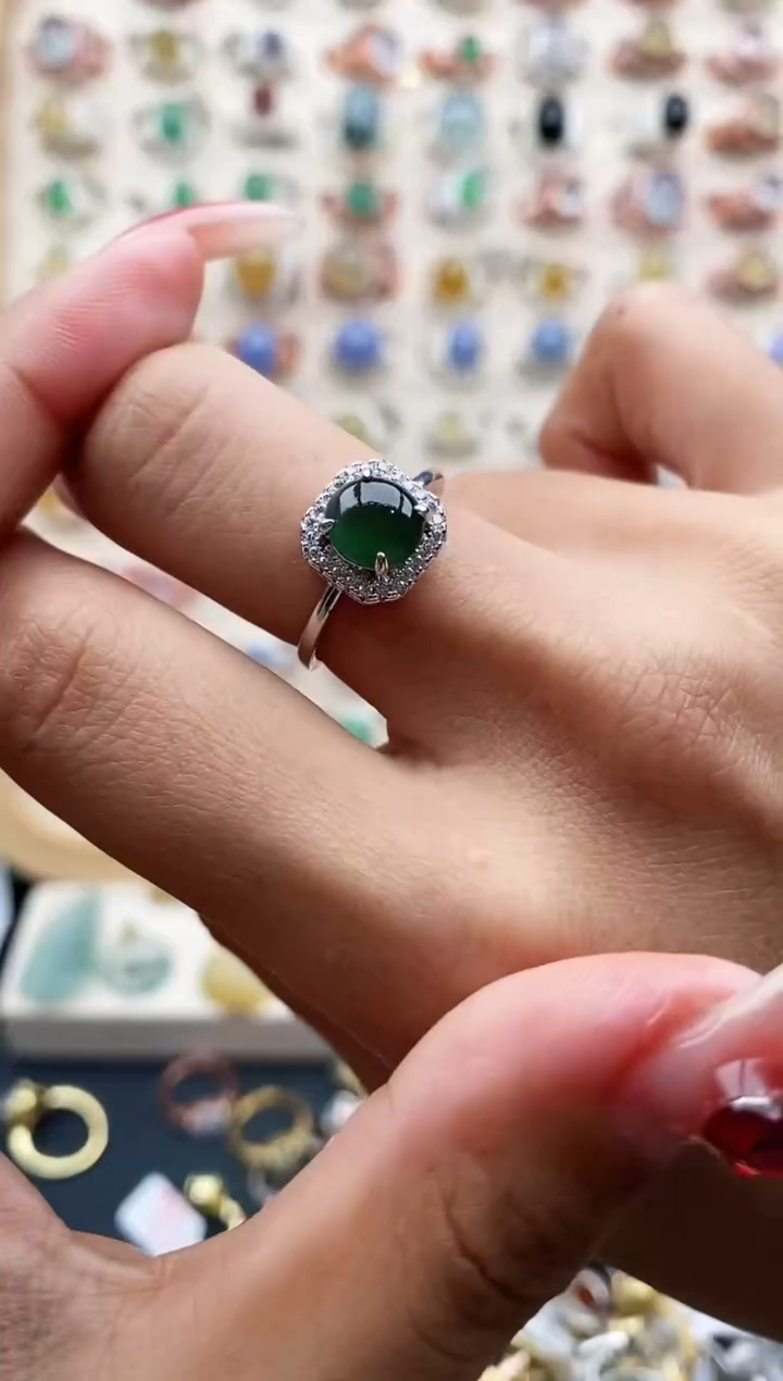 【闪购商品】翡翠戒指银S925镶嵌缅甸天然A货翡翠444 1+8