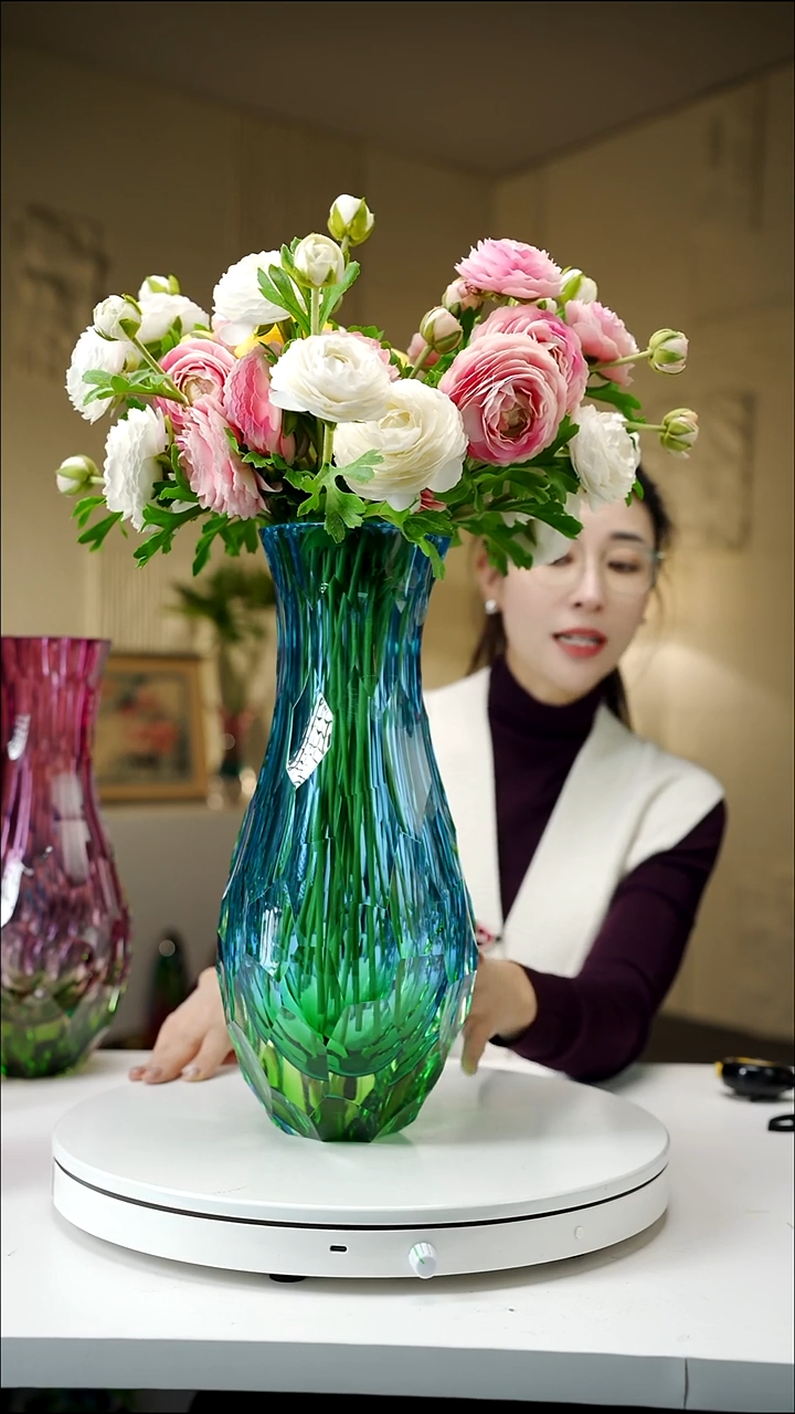 手工艺品琉璃秀蓝绿色凹切面美人瓶花器