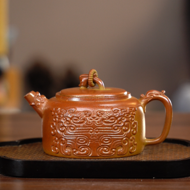 9202宜兴原矿紫砂茶具古法火云烧手工刻绘井栏290ml