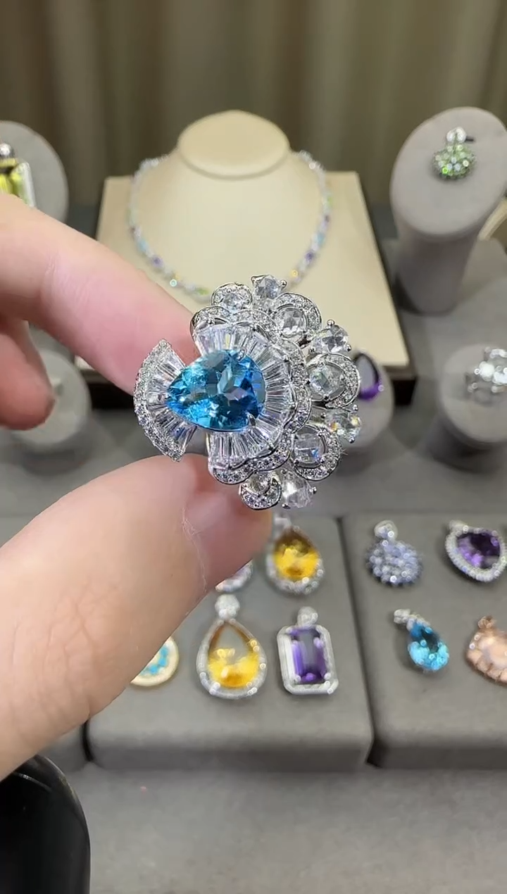 银S925镶嵌托帕石耳饰6*11mm戒指水滴高级款