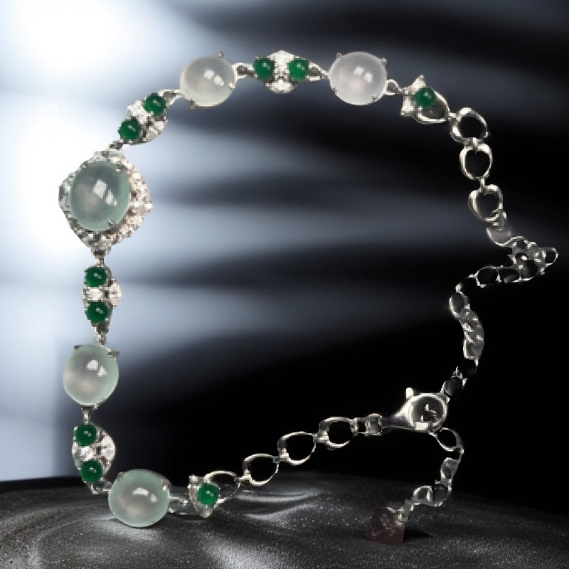 天然缅甸翡翠A货，925银镶嵌白冰手链