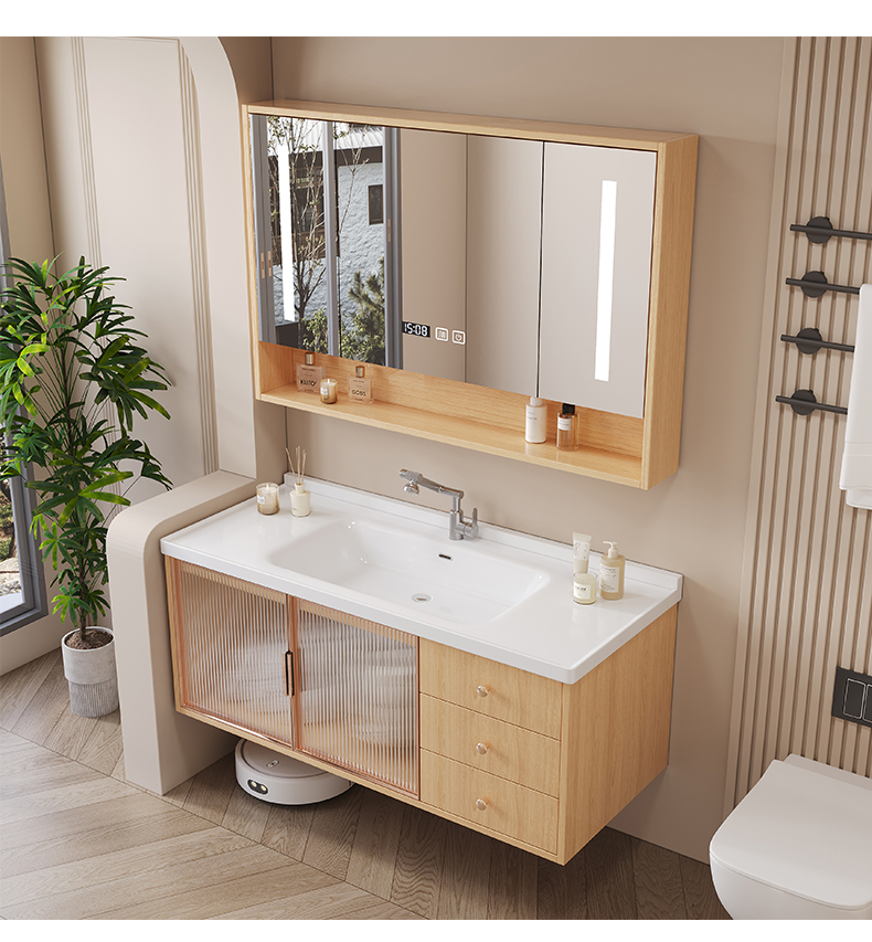 现代简约风原木色浴室柜智能洗脸盆柜组合陶瓷一体洗漱台卫浴组合