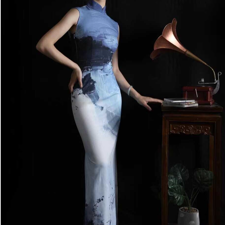 花猫家【灰色海滩】港工中国风旗袍夏日旗袍原创印花旗袍新中式