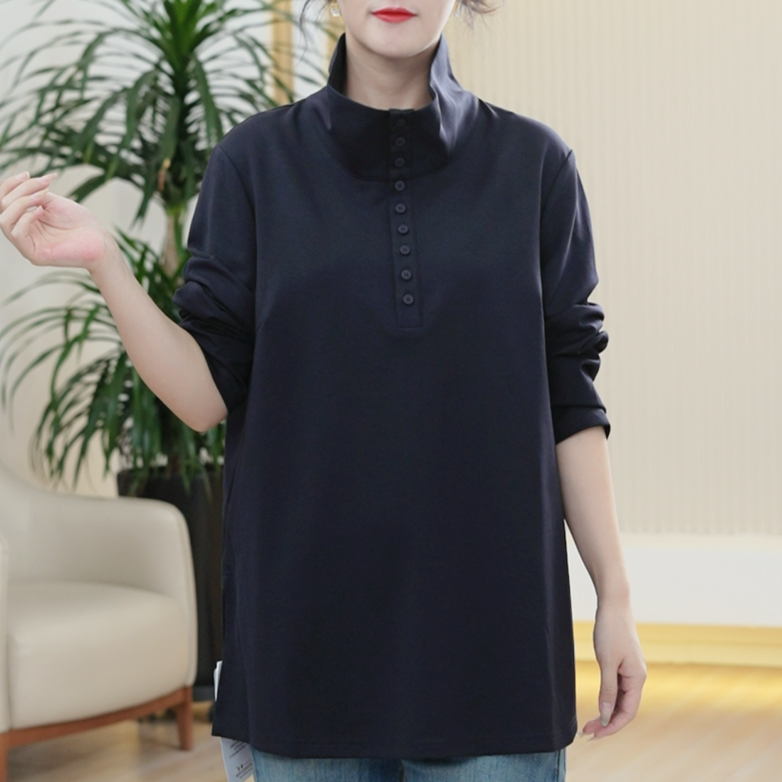 牛奶爽滑新港棉T恤女大码可立领可翻领弹力休闲内搭显瘦秋季上衣