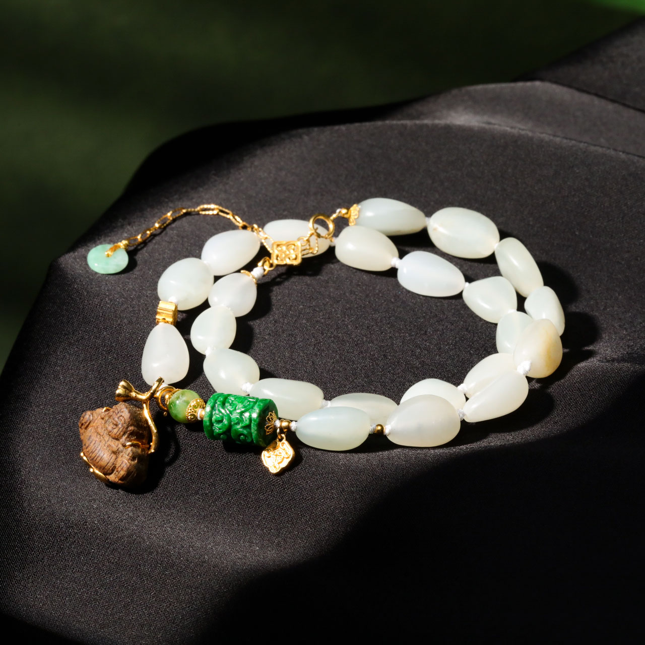 【意婵】《随心》典藏级新疆和田玉带原皮老籽双圈18k金翡翠-912666