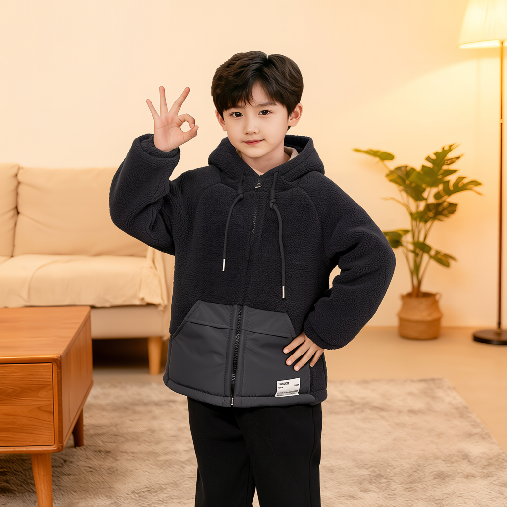 【大口袋】冬季儿童家居服加绒加厚保暖中大童拉链莫兰迪连帽家居服