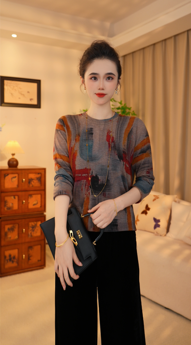 水溶澳绒【烟雨江南】圆领长袖款常规针织宽松气质秋季印花百搭宽松