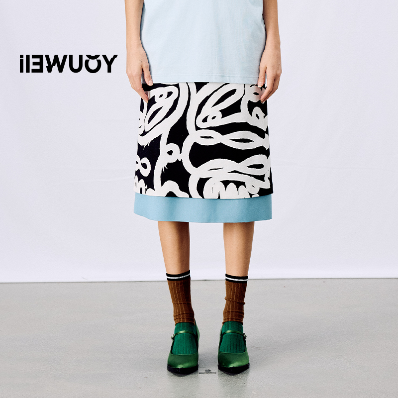 有尾YOUWEI 主题印花撞色下摆半裙 Y5825139