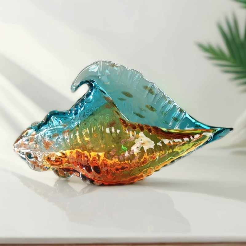 【奇居亭】蓝绿双色渐变琉璃海螺摆件 大号