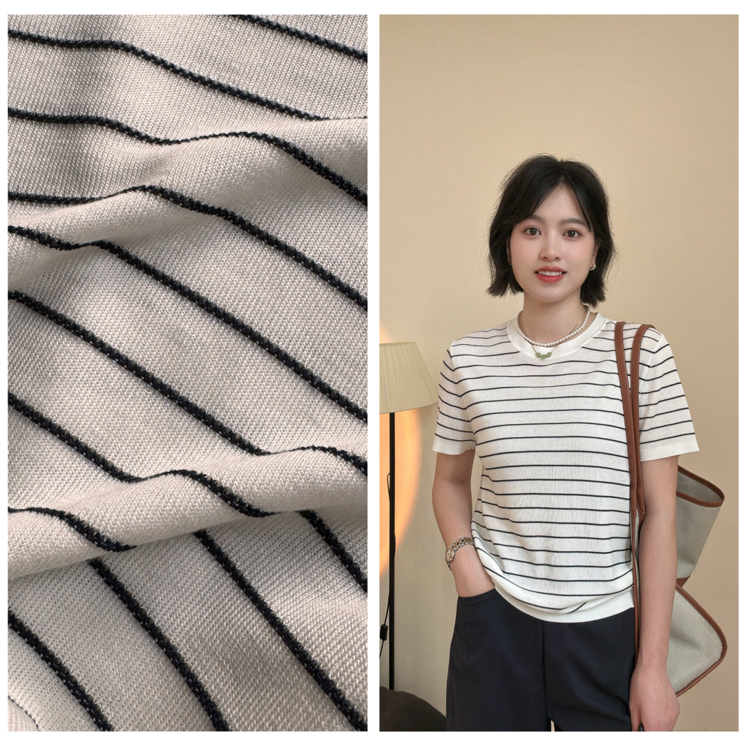 「星月条纹」100%莱赛尔显瘦圆领条纹针织衫短袖T恤C0276