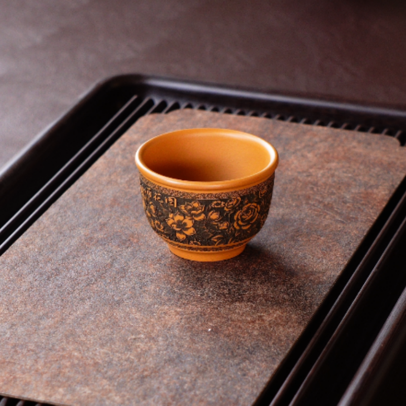 宜兴全手工原矿段泥刻绘百花图紫砂主人杯品茗杯