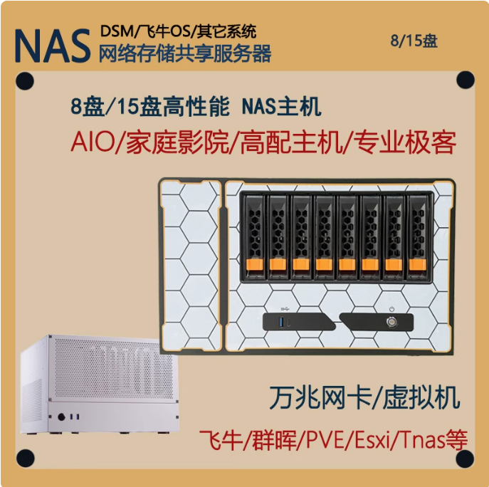 全新八盘位高性能8-13代带T处理器/双万兆网口/PVE/飞牛nas主机