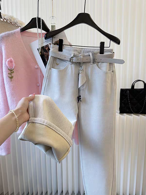 2025秋冬新款阔腿加绒牛仔裤高腰显瘦时尚百搭韩版宽松