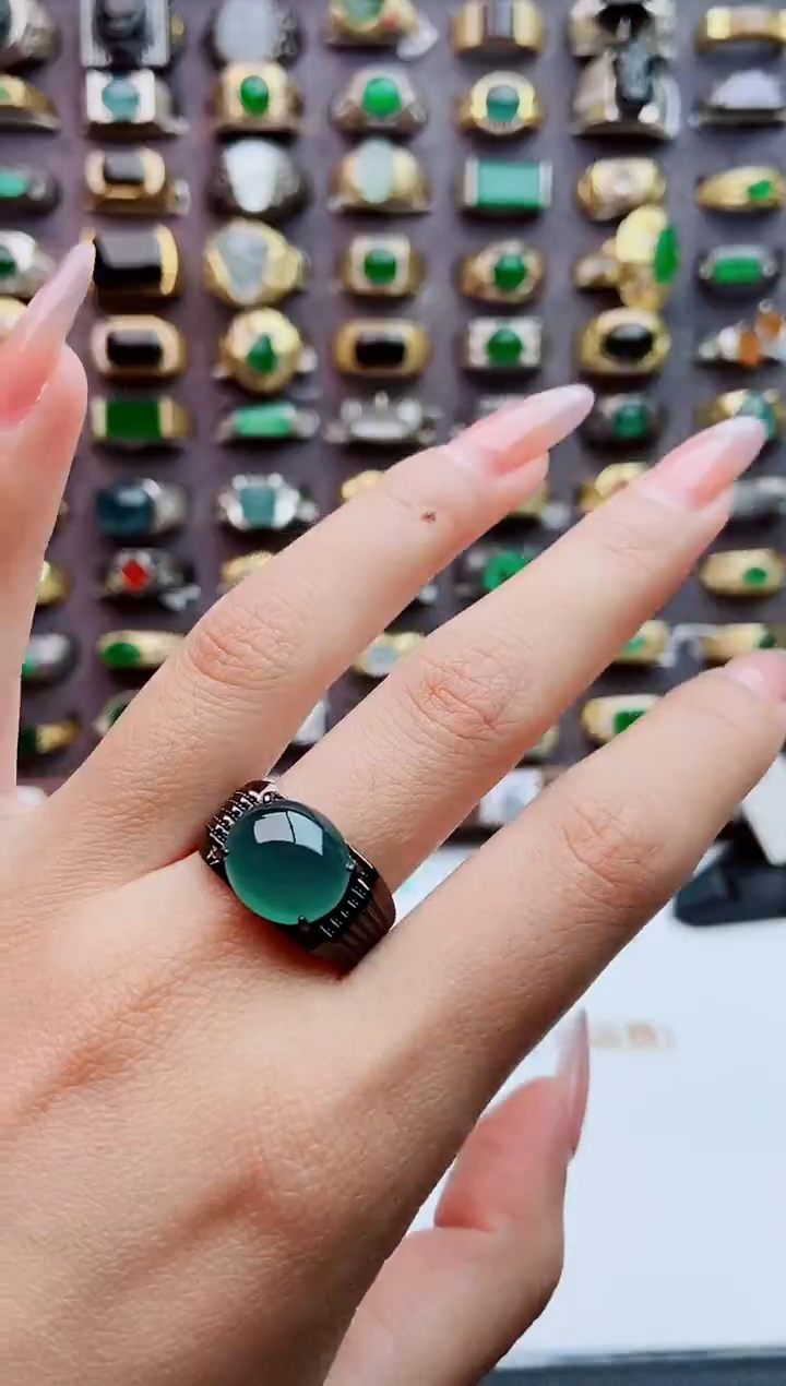 银S925镶嵌戒指翡翠天然翡翠男戒