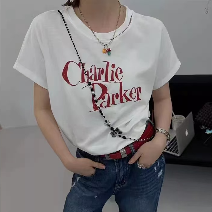 【锦衣服饰】SSJ 25309韩系字母印花后系带圆领短袖T