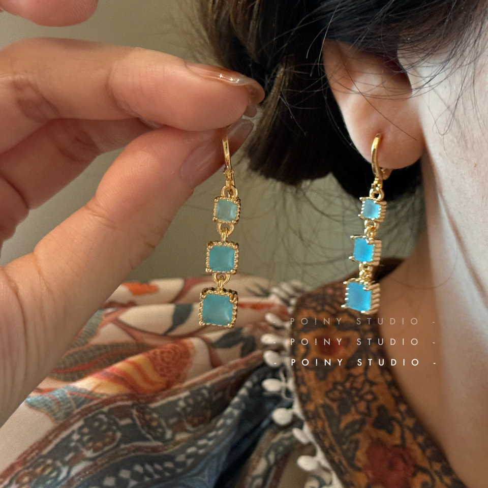 铜合金玻璃耳饰 复古蓝色方形耳环女小众气质高级感流苏长款耳饰