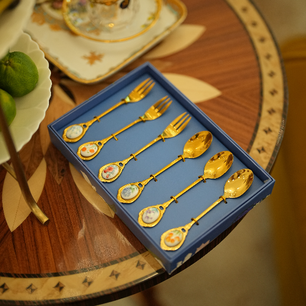 【奇居铜饰】精致高档不锈钢配瓷甜品叉咖啡勺 三勺三叉礼盒套装#GY