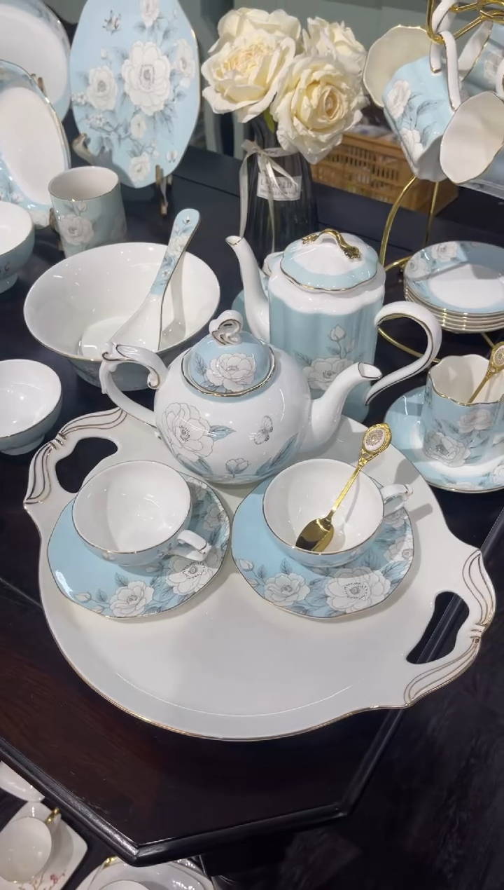 36%以上骨粉骨瓷?****子茶壶6杯碟1鸟笼