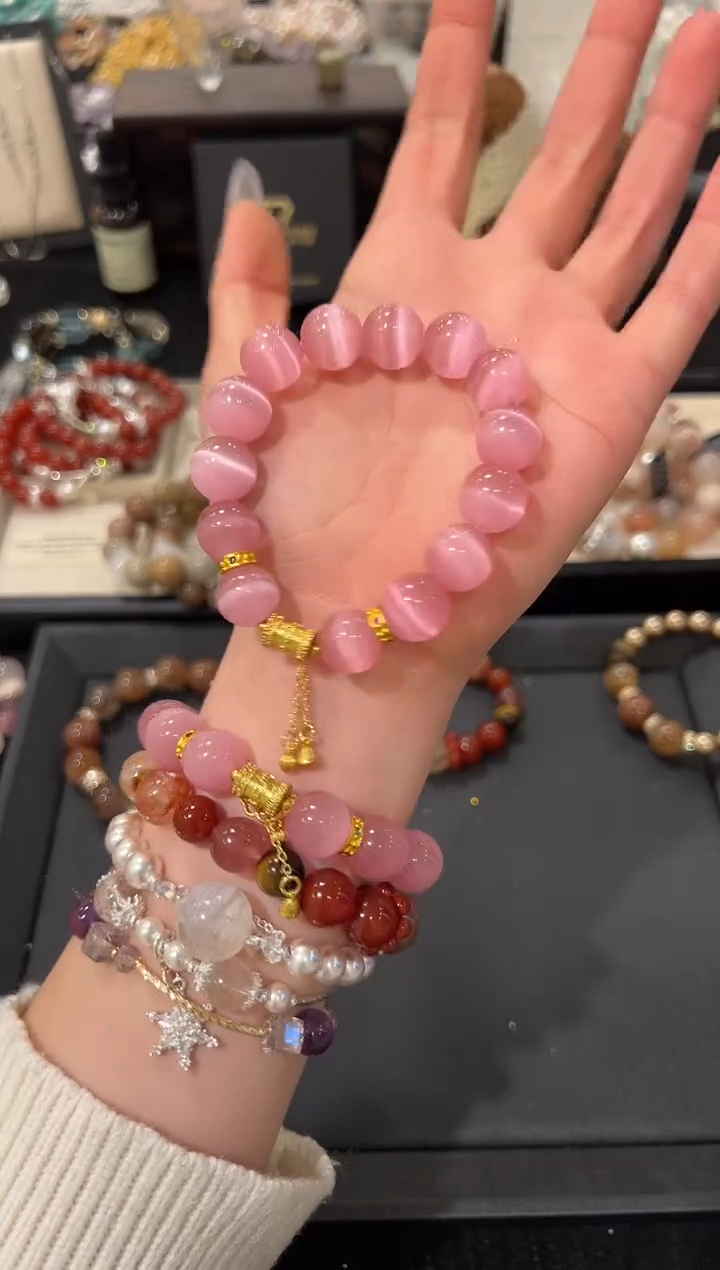 未镶嵌手链水晶粉猫眼石设计款手串