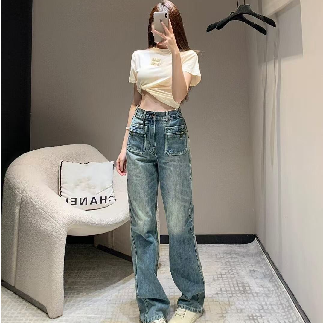 ICCLEK 设计师款高腰蓝色直筒百搭牛仔显瘦长裤-7046