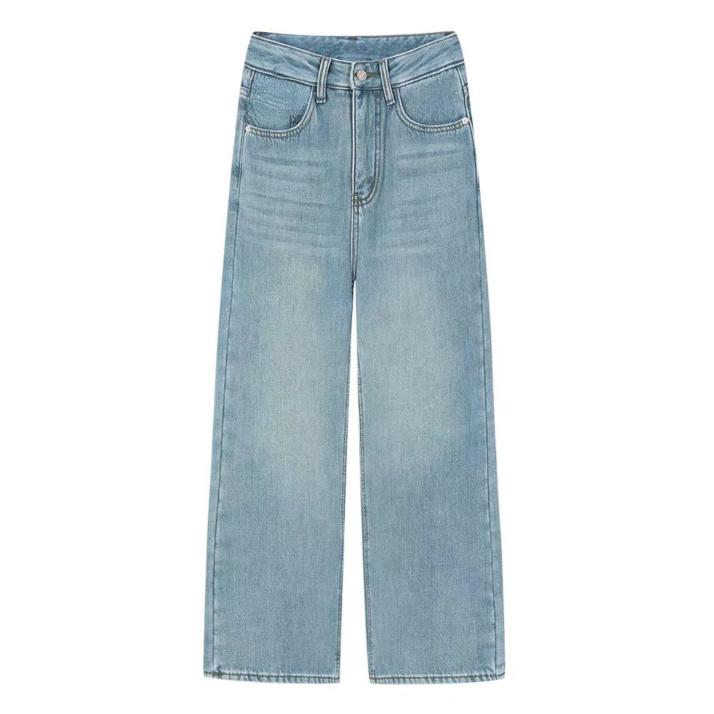 大米丨美式复古蓝色加绒直筒牛仔裤