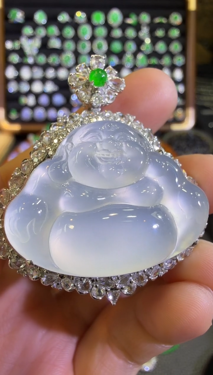 【闪购商品】翡翠18K金镶嵌吊坠(赠链)玻璃种茅台白大佛公吊坠