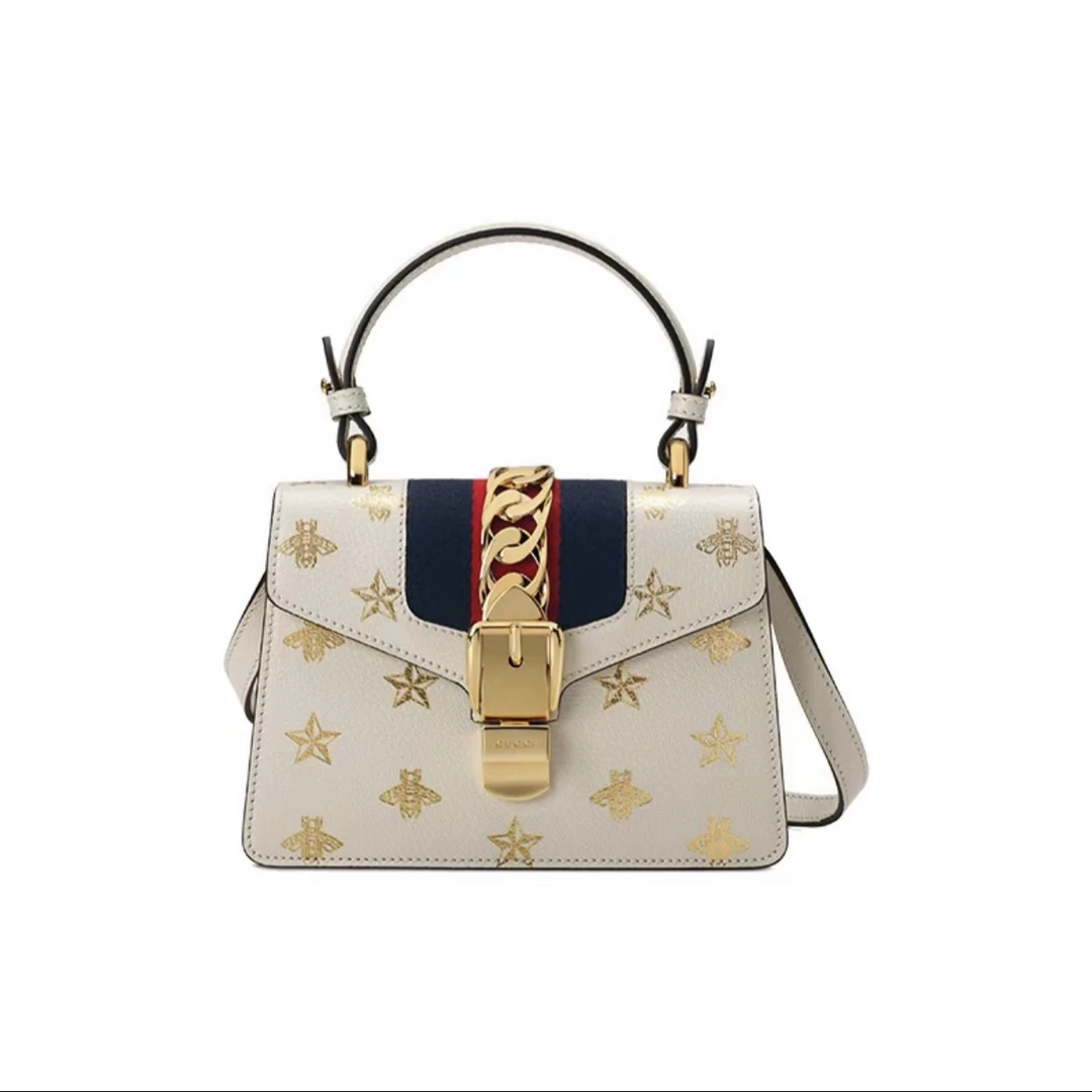99新 GUCCI/古驰 Sylvie塞尔维亚烫金蜜蜂单肩手提包