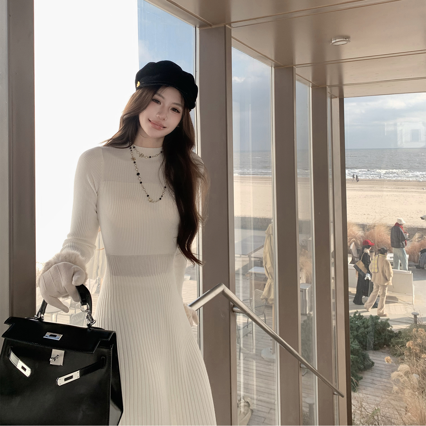 八盖pinky piggy 广岛枫树 两色小心机中领微透坑条连衣裙a字长裙