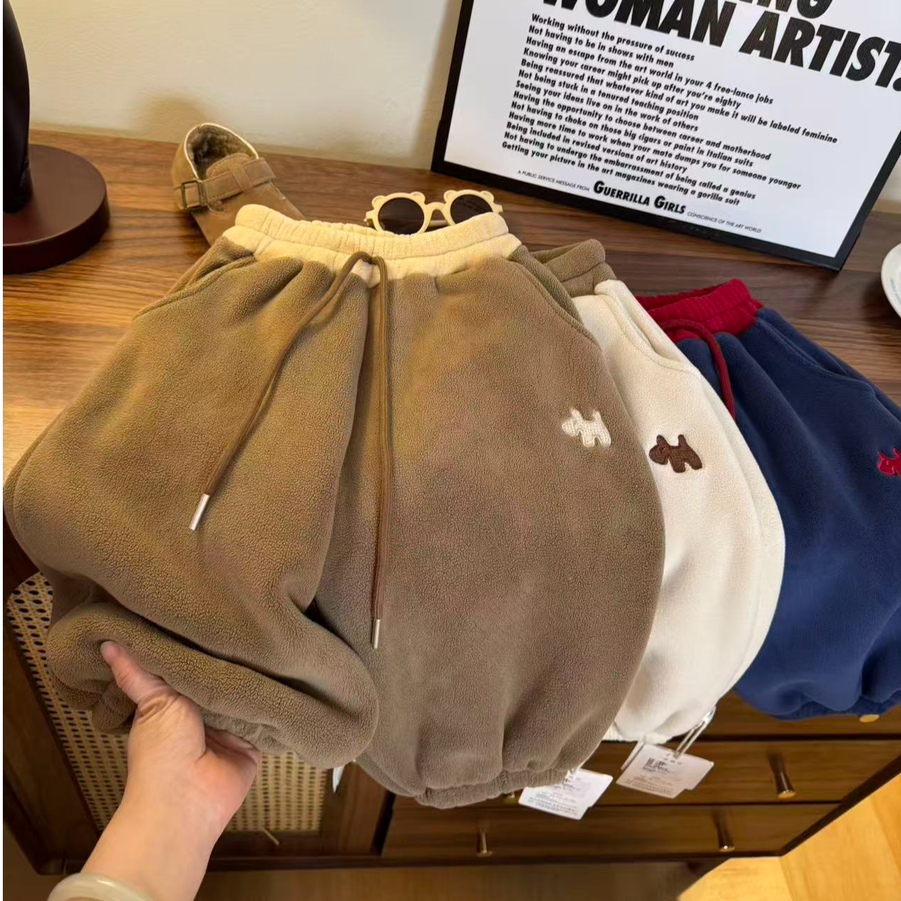 【实体品质】新款儿童韩系刺绣小狗卫裤秋冬羊驼绒加厚男女童运动裤