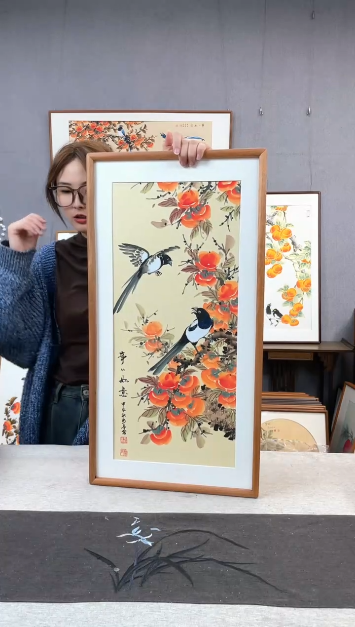 【闪购商品】国画贺照亭-纯手绘带框作品-35*68-柿子