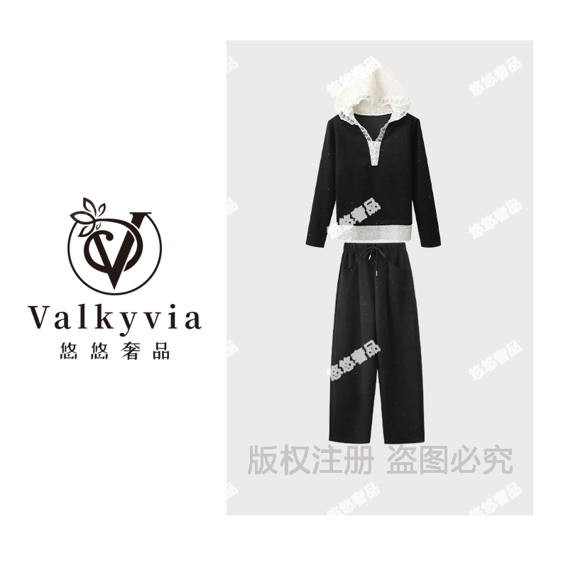 时尚减龄运动风套装时尚套装蕾丝休闲风藏肉拼接显瘦