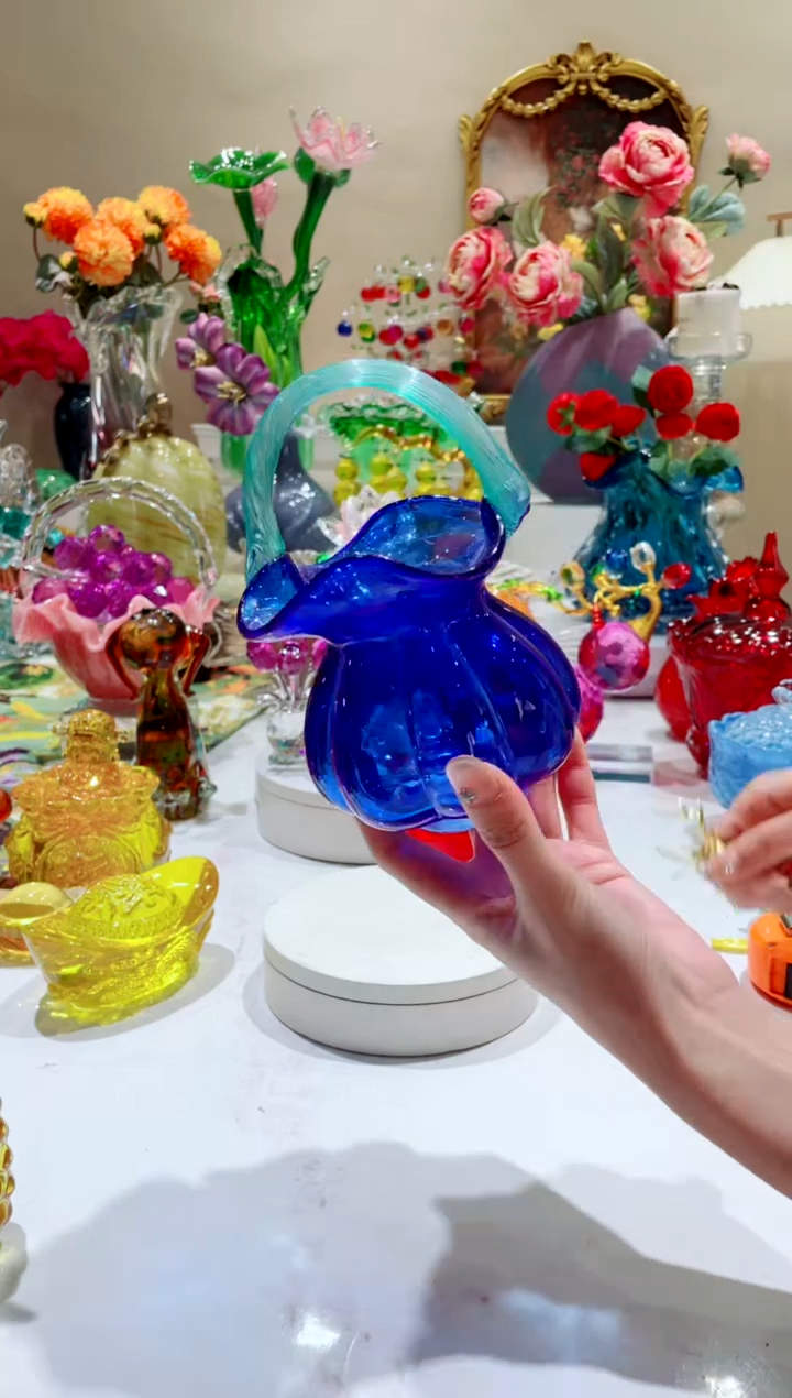 【闪购商品】琉璃手工艺品蓝色小提篮 微瑕