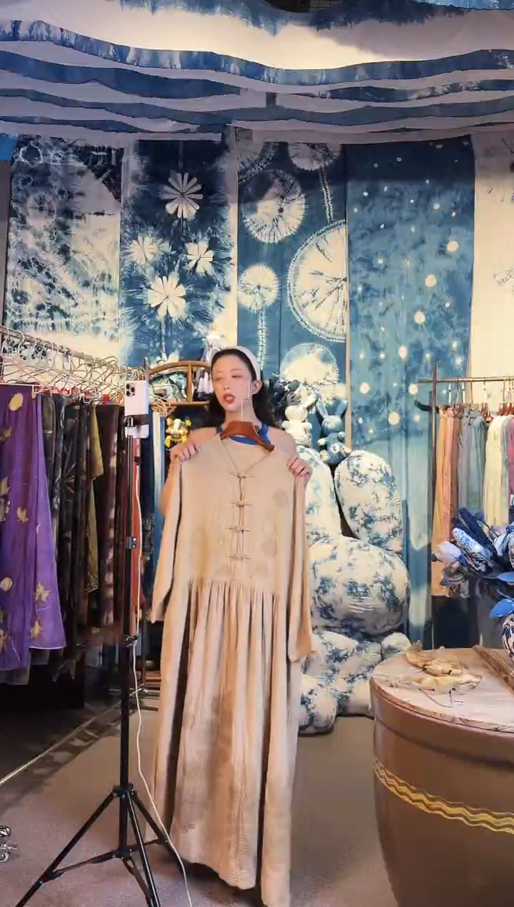 植物染蓝染扎染手工印染闪拍通用链接·盘扣连衣裙