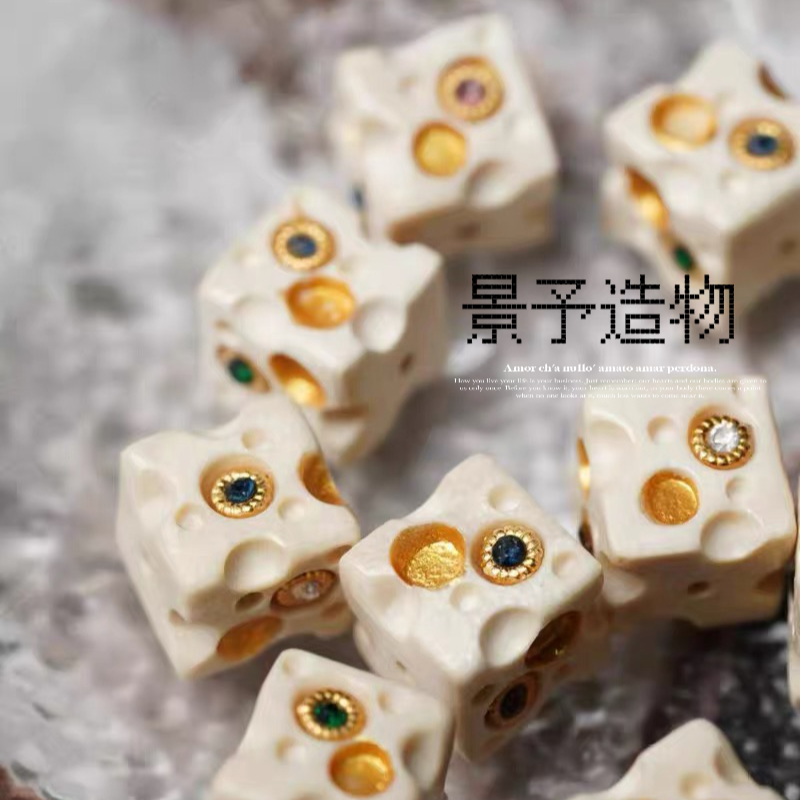 猛犸牙雕刻芝士奶酪块四方雕刻精工配饰重工镶嵌景予文玩