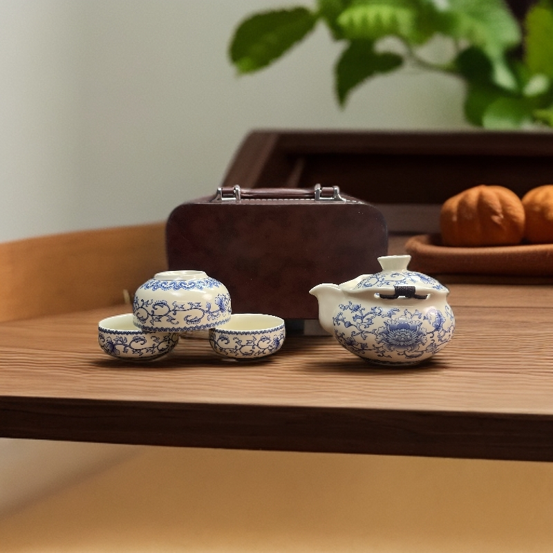 ZH4178-汝窑缠枝莲一壶三杯带皮包家用陶瓷高端轻奢
