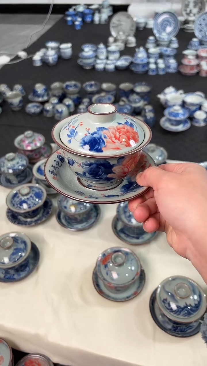 盖碗瓷景德镇陶瓷茶具老陶泥国色天香元宝盖碗