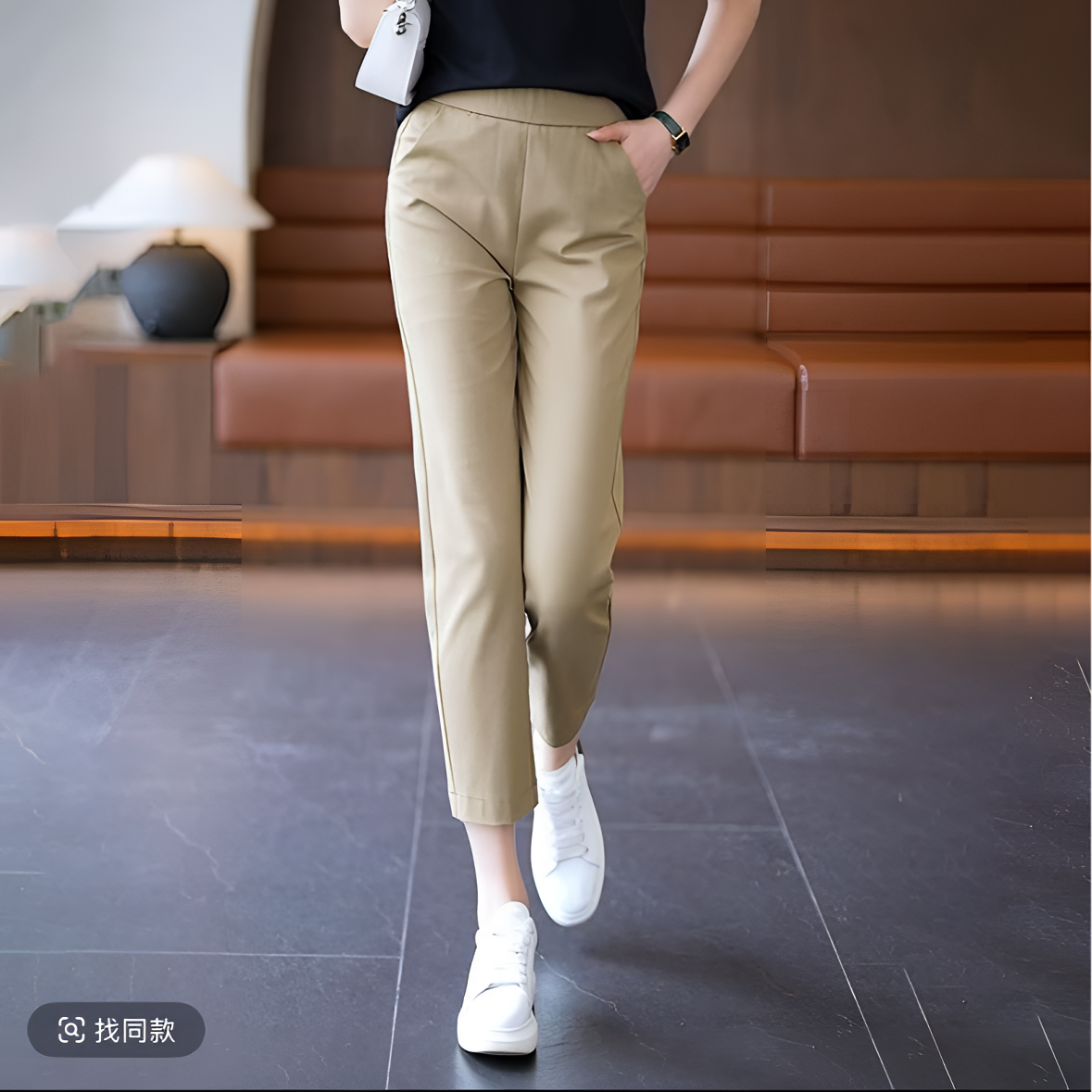 时尚八分烟管裤女修身显瘦春秋款百搭高腰微弹松紧腰小个子女裤