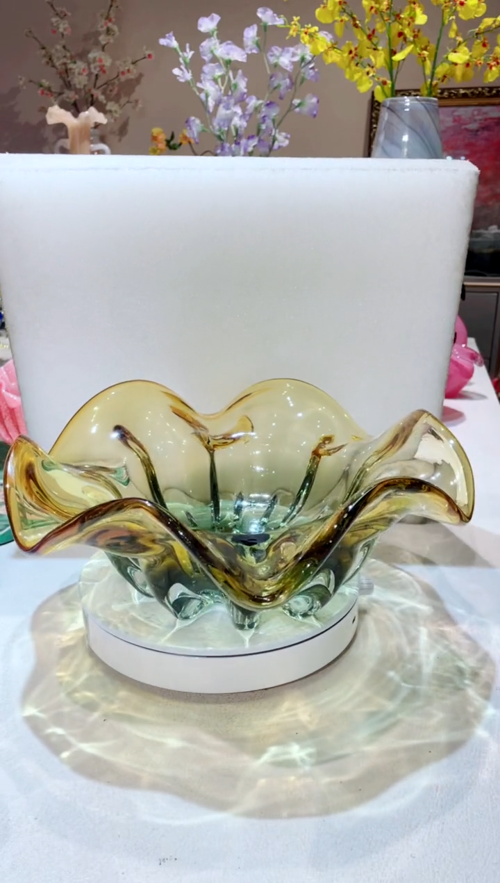 【闪购商品】琉璃手工艺品金灰花朵果盘 微瑕