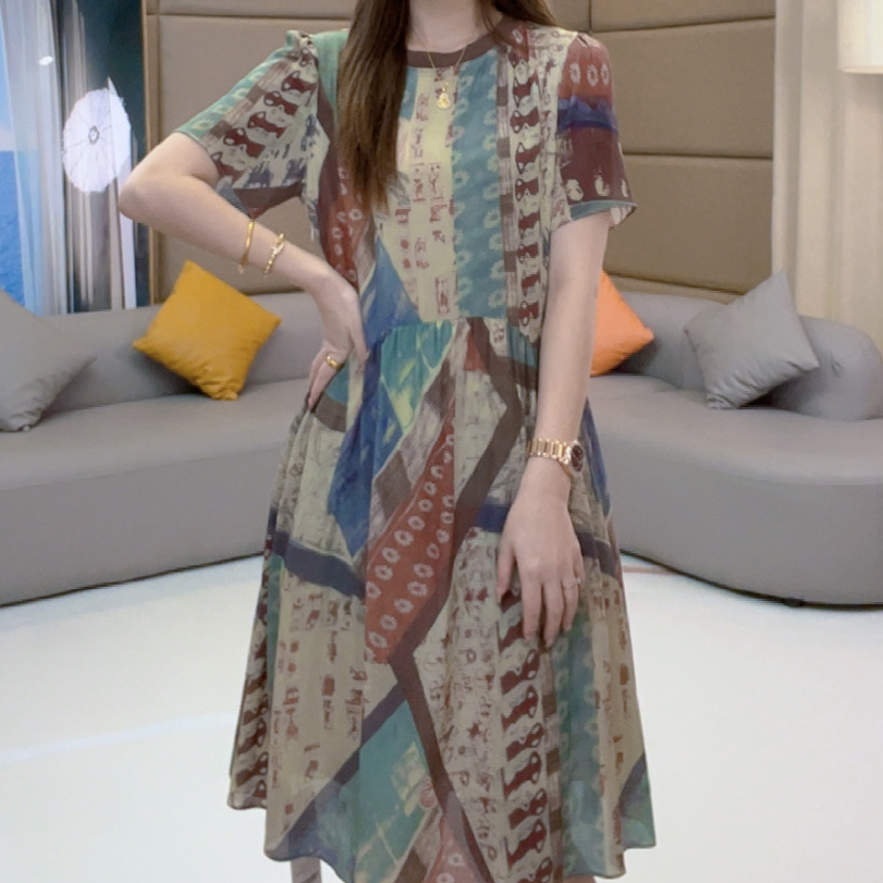 马洛克“幻彩美拉德” 气质法式圆领收腰时尚女士真丝连衣裙 80017