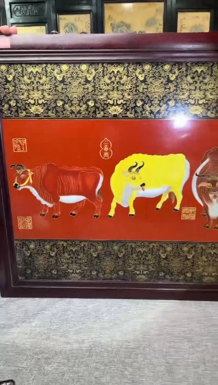 摆件陶瓷A19/掐丝五牛神图陶瓷瓷板画————