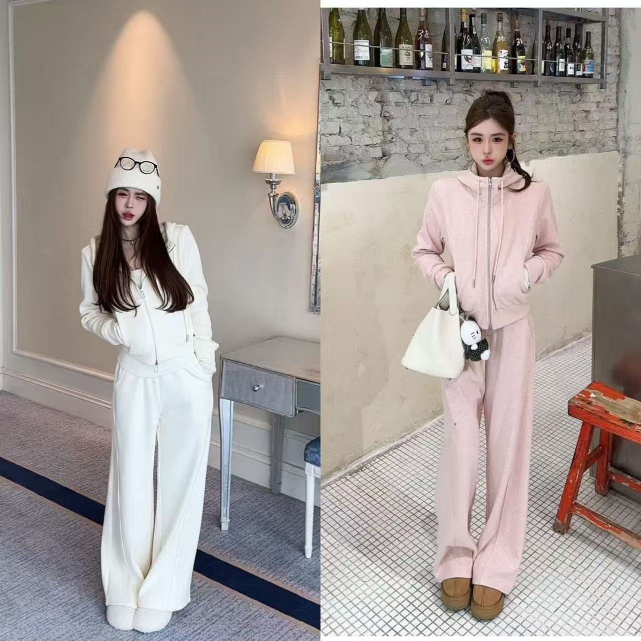 米娜家【实穿主义】泡菜订制粉色连帽加绒套装 