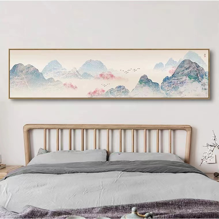 桃花民宿新中式古风装饰画客厅床头书房手工砂岩画沙发背景墙横版