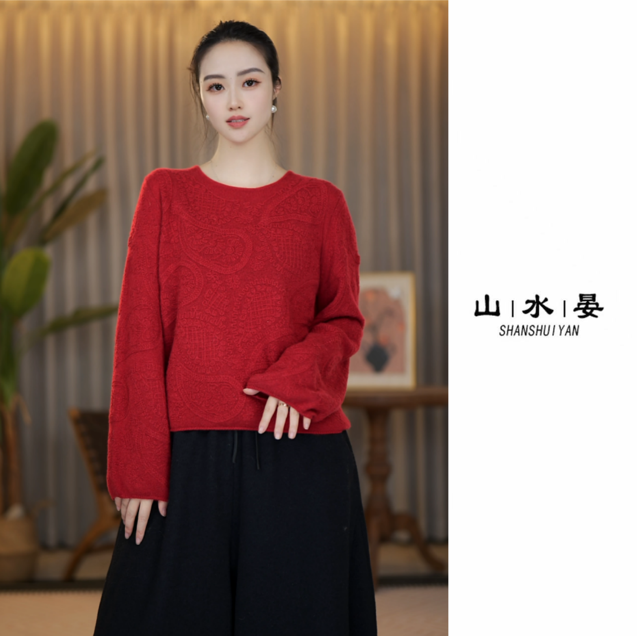 镂空针织薄款包袖女宽松型羊绒衫宽松秋冬女士LZWFA25632