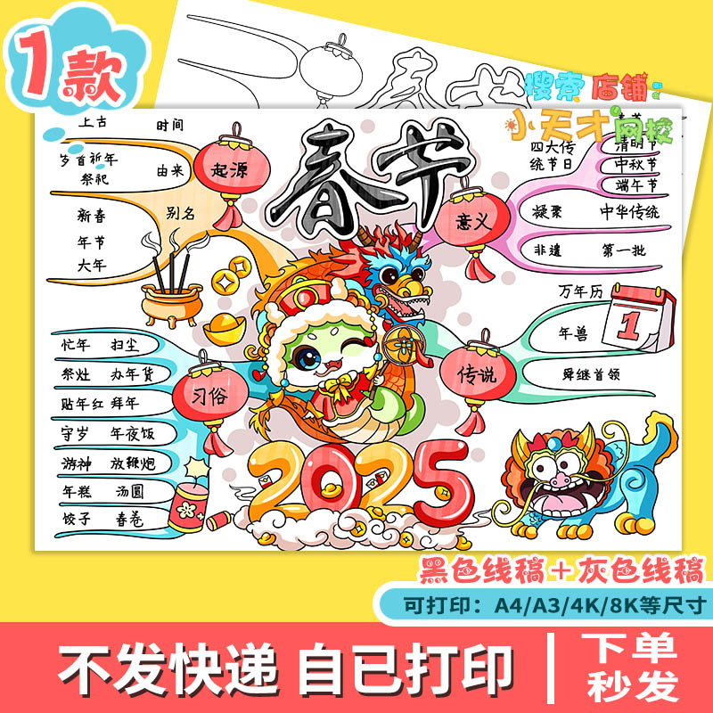 2025蛇年春节手抄报电子模版春节习俗传统文化迎新春思维导图e076