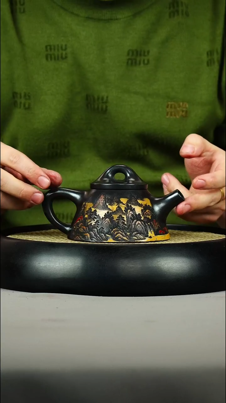 茶壶紫砂石黄 霸王石瓢 彩刻 山水