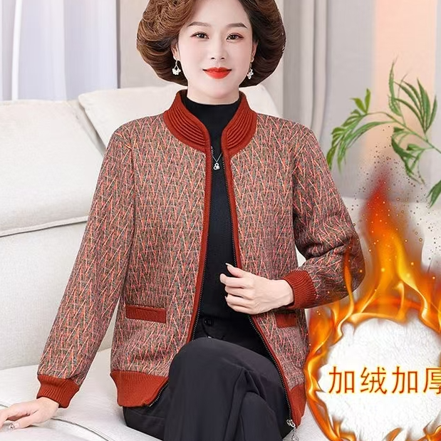 秋冬中老年气质时尚百搭宽松长袖洋气加绒加厚优雅妈妈装女士开衫
