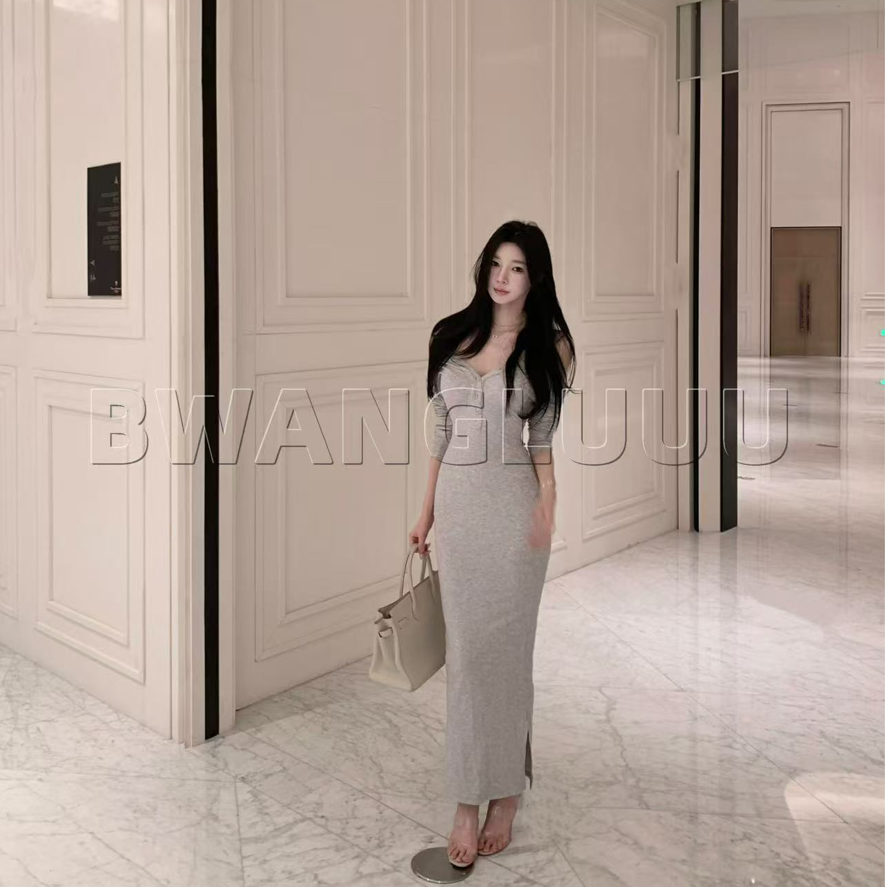 【徐徐啊】 灰色轨迹-慵懒极简气质长袖修身版弹力长裙