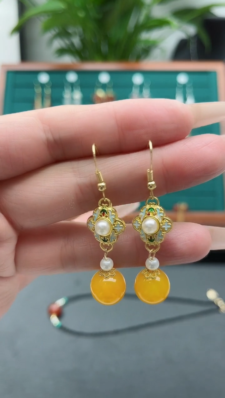 【闪购商品】玛瑙/玉髓耳饰银S925镀金镶嵌8830