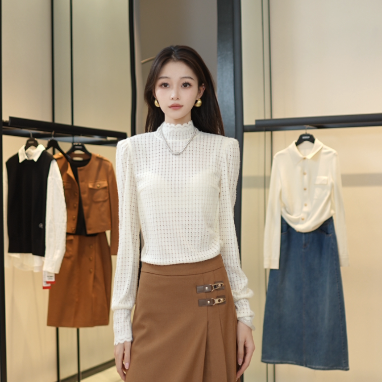 GIRDEAR/哥弟25S新款镂空显瘦弹力法式时尚花边长袖上衣130006