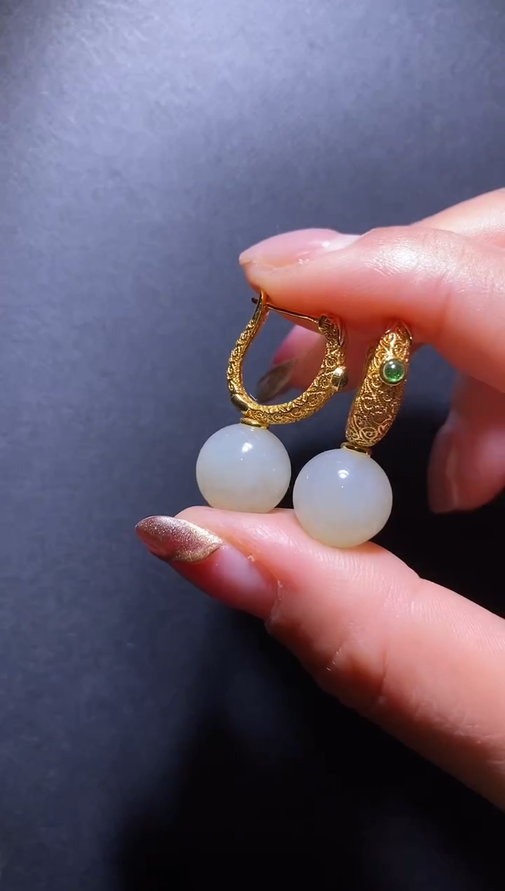 银S925镶嵌和田玉耳饰和田圆珠耳坠